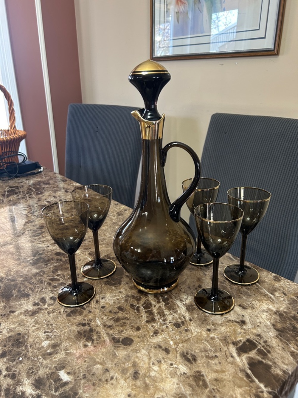 Smoked Glass Decanter and Wine Glass Set with Gold Trim